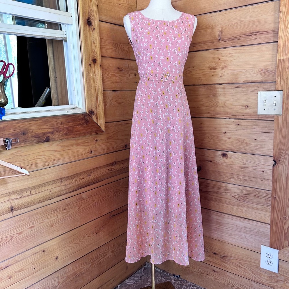 Floral Midi Dress Womens Small Pink Cottagecore Ditsy A-Line Belted Fig